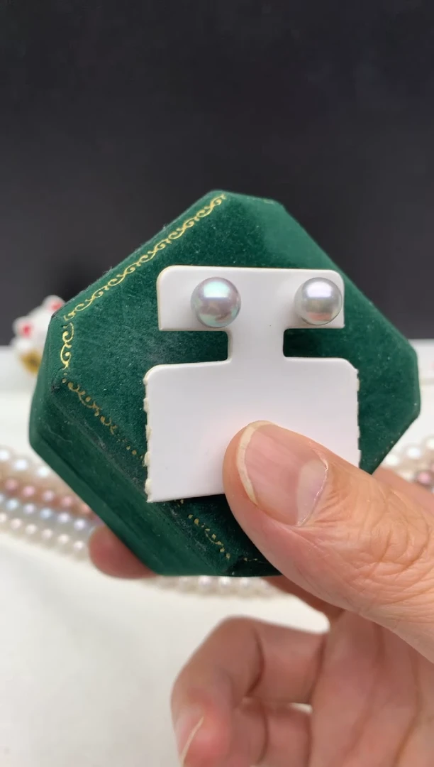 银S925镶嵌ff海水珍珠akoya灰珠耳饰7~8mm