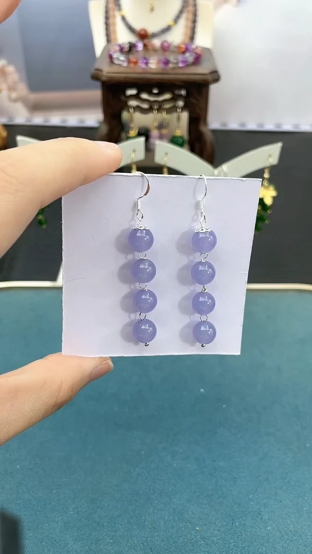 和田玉银S925镶嵌耳饰8mm*紫罗兰四珠耳钩