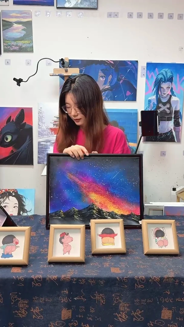 丙烯画不**水梦幻星空雪山喷漆画x