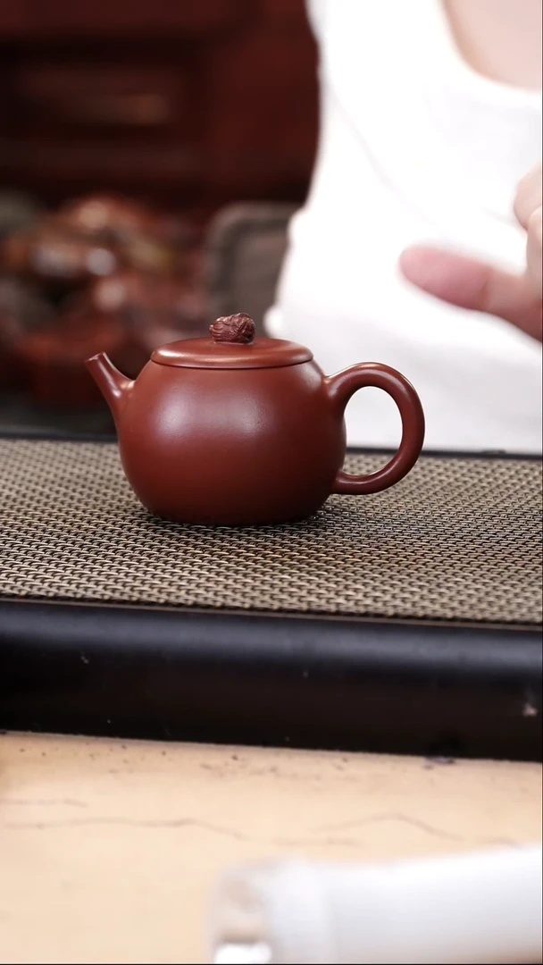茶壶紫砂朱泥超精工摆财钮圆鼓汉瓦130cc