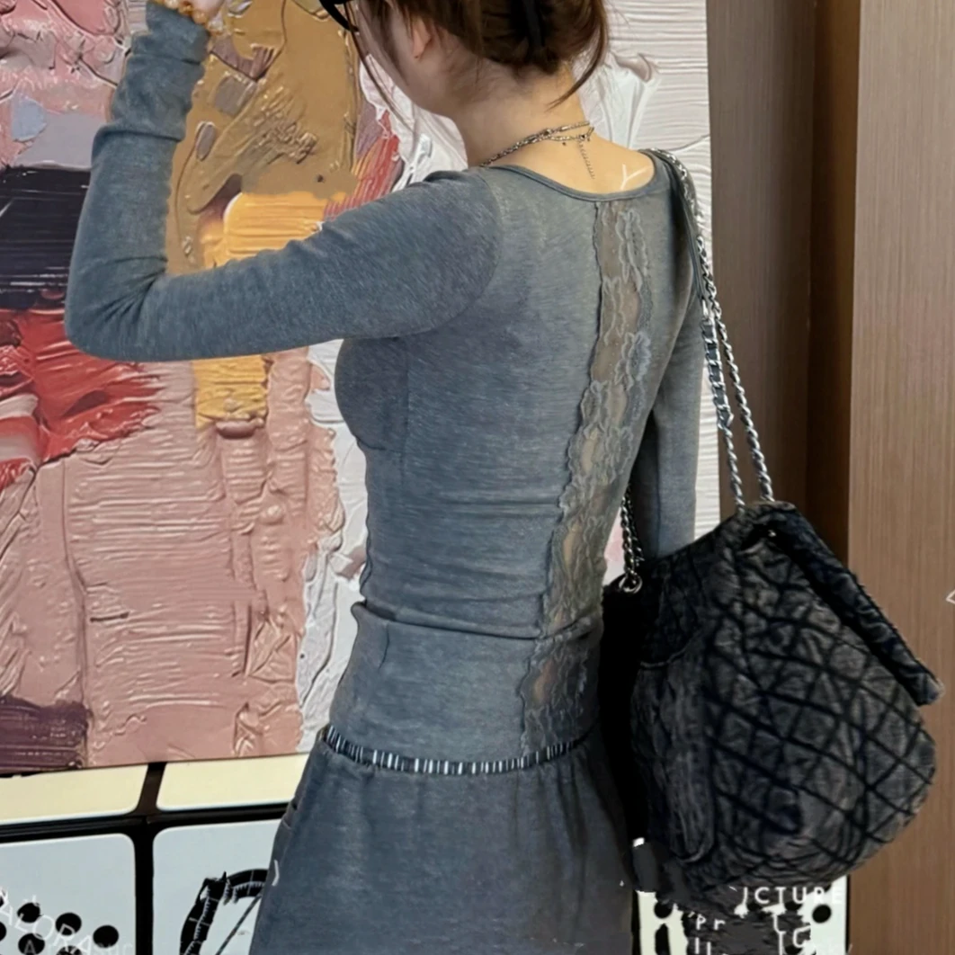 设计感后背蕾丝镂空内搭修身显瘦长袖t恤2025夏季新款别致打底衫