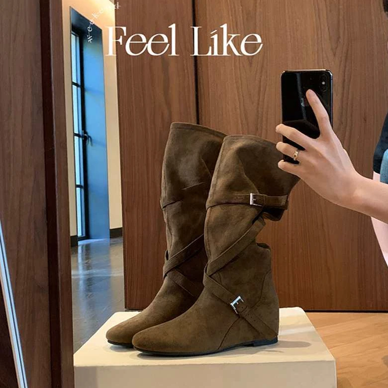 牛皮版~增高6cm尖头粗跟瘦瘦靴女绒面软底舒适低跟真皮长靴时尚