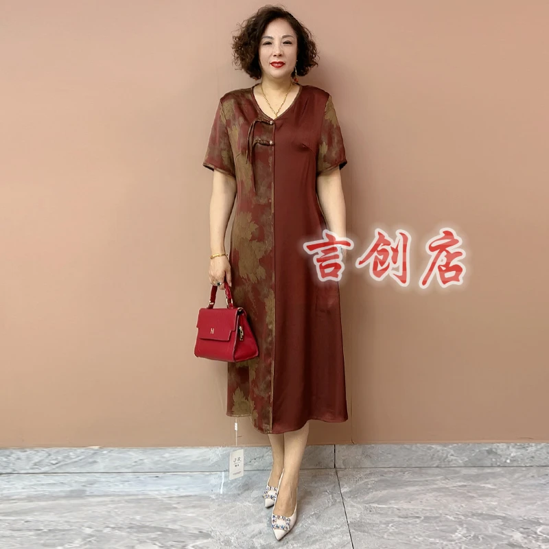 8621高端夏季新款V领真丝连衣裙短袖高贵妈妈宽松拼色遮肚中长裙