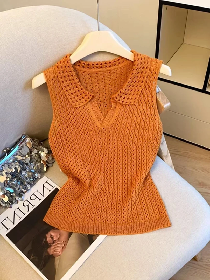 设计感粗针镂空针织背心女2025夏季新款polo领无袖坎肩上衣洋气潮
