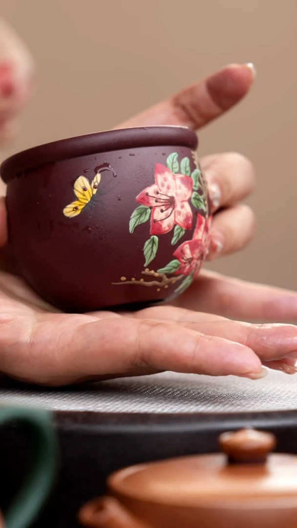 茶壶紫砂紫泥大缸杯泥绘双花