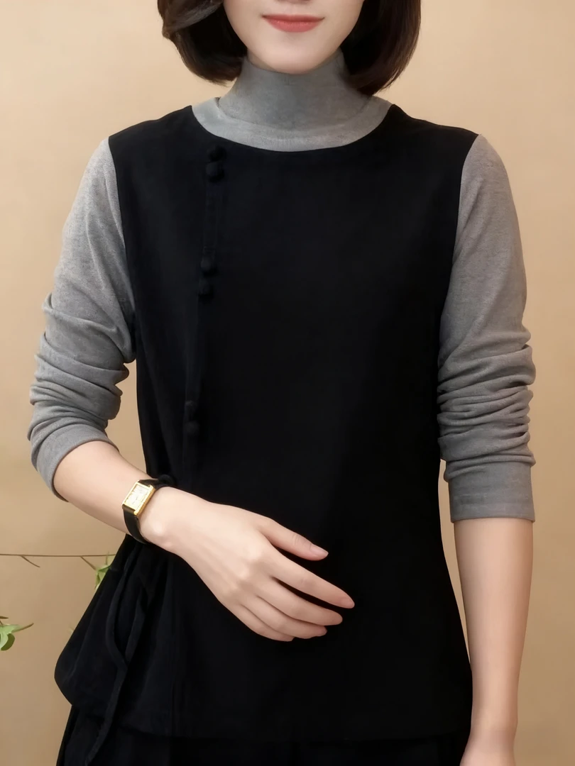 拼接高领长袖法式宽松型女T恤复古显瘦圆领休闲网红