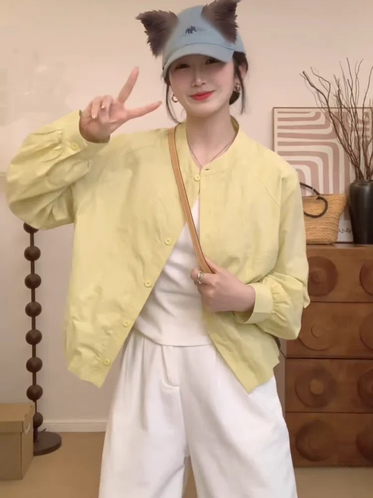 设计感立领纯色长袖防晒衬衫女2025春夏小个子宽松百搭开衫外套潮