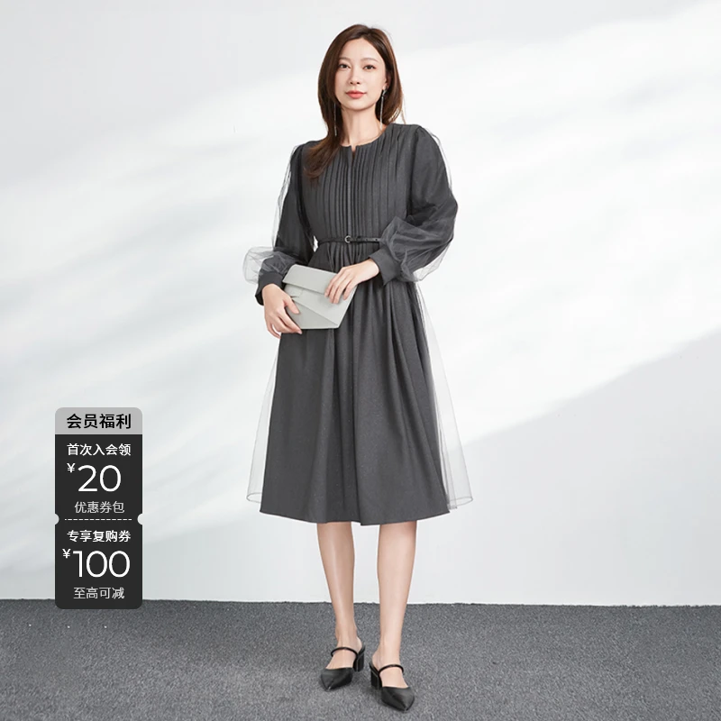 S·DEER圣迪奥秋季女装气质轻奢高端时尚长袖裙子褶皱高级感连衣裙