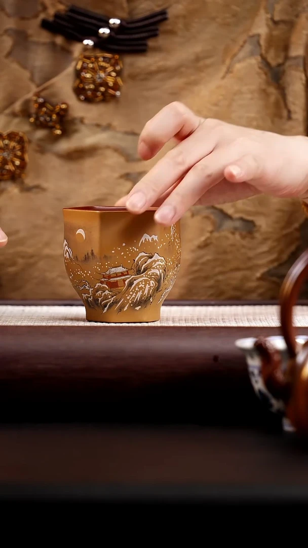茶杯紫砂粉浆六方雪景杯