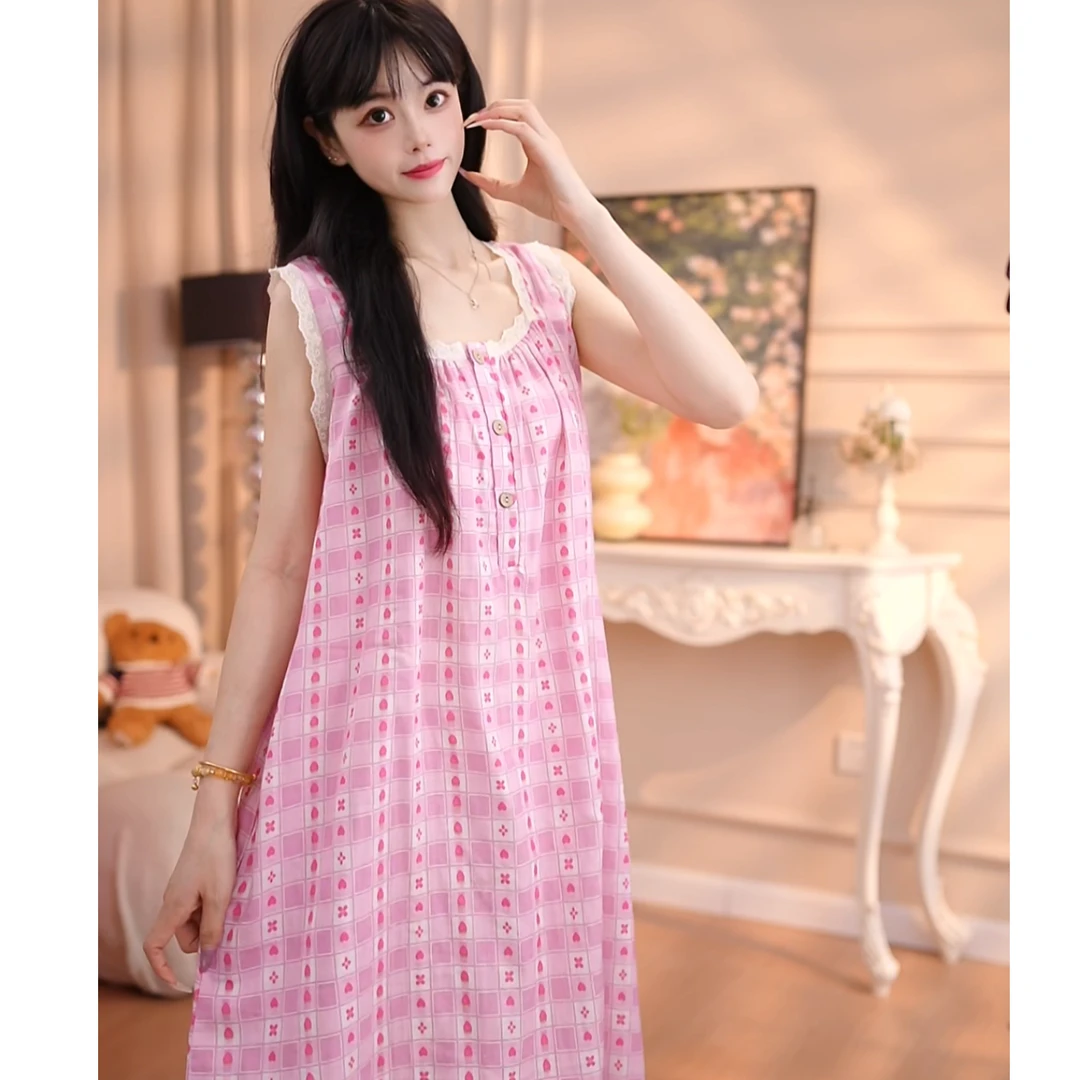 【无袖粉条格】新碎花女睡裙娃娃领印花日系韩版甜美WQN