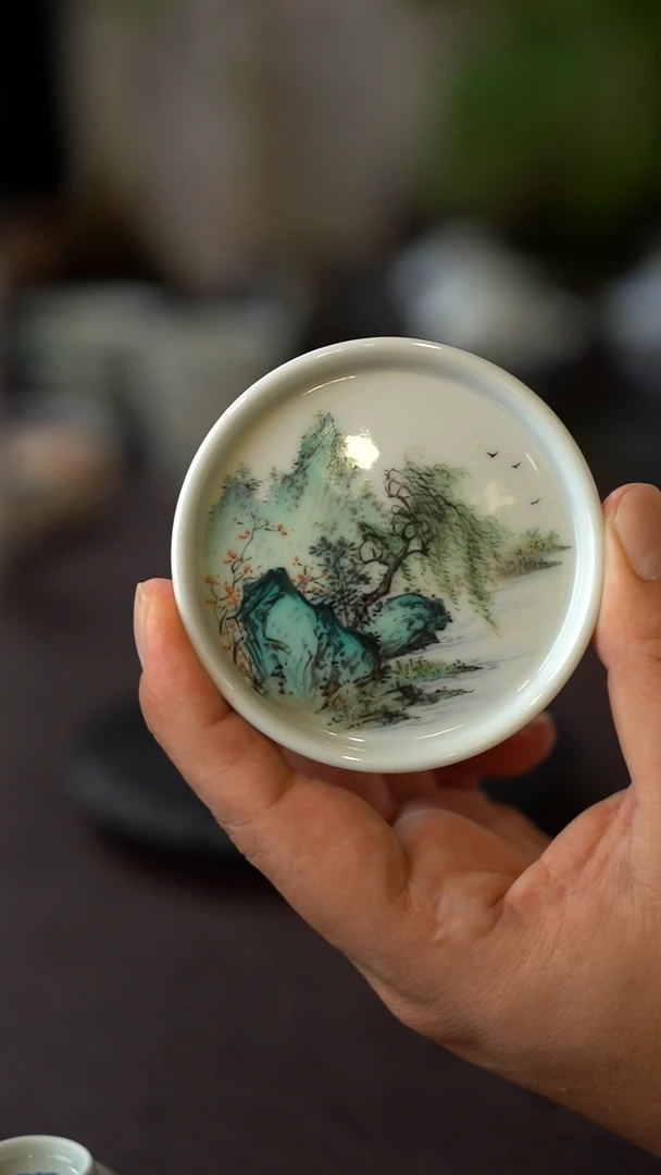 王钢全手工手绘山水盖置