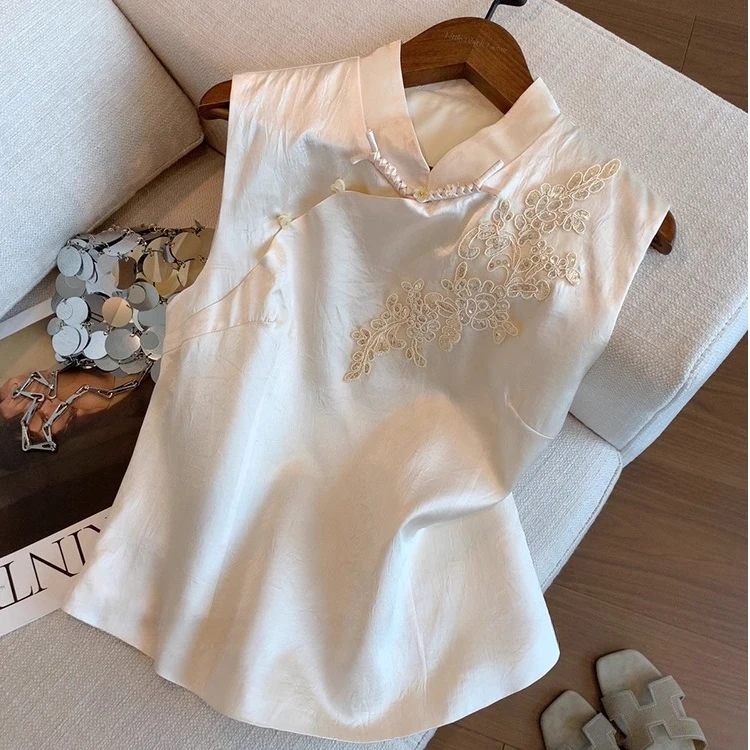 新中式亮片刺绣醋酸缎面背心女夏季新款国风气质立领盘扣无袖上衣