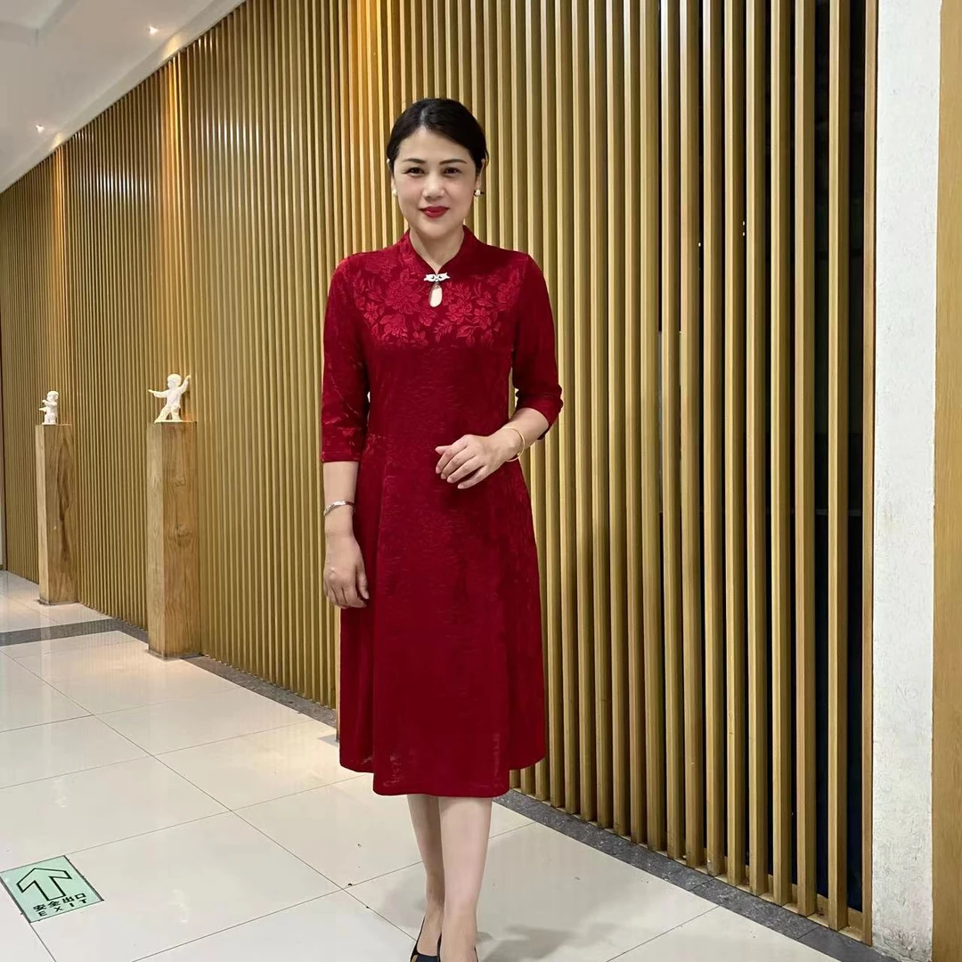 2025春秋款长袖旗袍裙中长款显瘦洋气婚宴提花连衣裙礼服妈妈女装