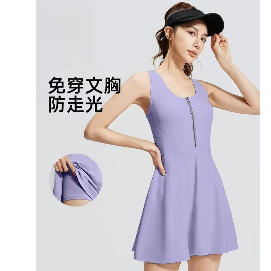 拉链连体运动裙防走光打底户外跑步健身运动连衣裙