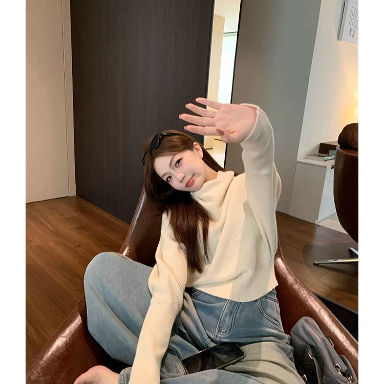 2025冬季新款设计感小众半高领堆堆领套头毛衣女蝙蝠袖内搭针织衫