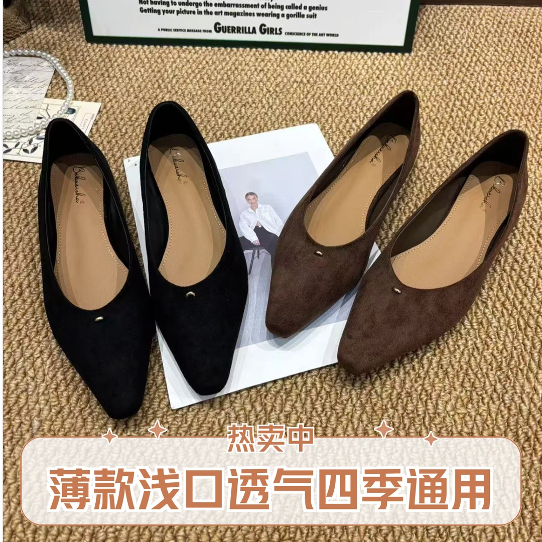 小方头平跟浅口防滑绒面单鞋透气百搭平底鞋女鞋夏季欧若假日风