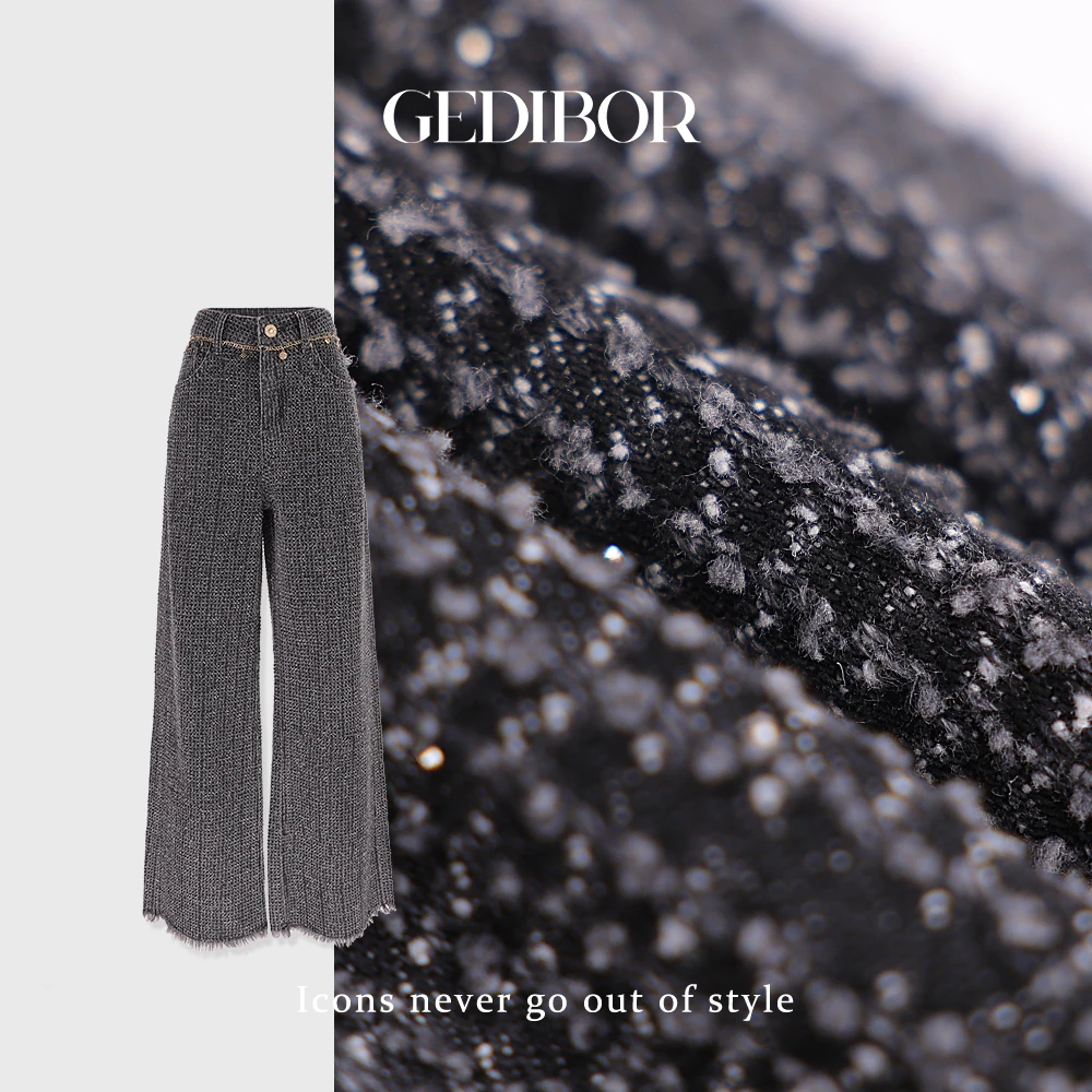 XUEXUE丨高腰订链提花烫钻流苏边牛仔长裤GD25-NZK389