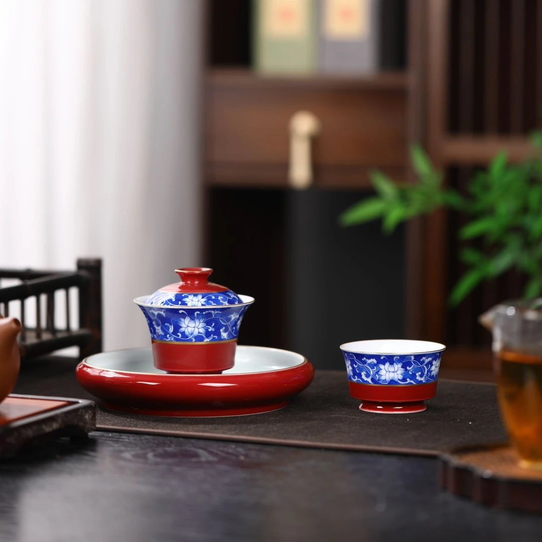 纯手绘宫墙红青花描金缠枝莲系列盖碗主人杯景德镇陶瓷茶具茶杯