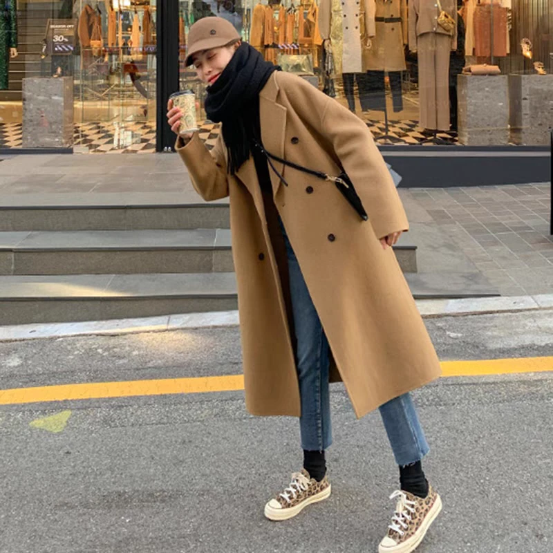 双面羊毛大衣女中长款秋冬季宽松赫本风驼色呢外套女气质修身韩版