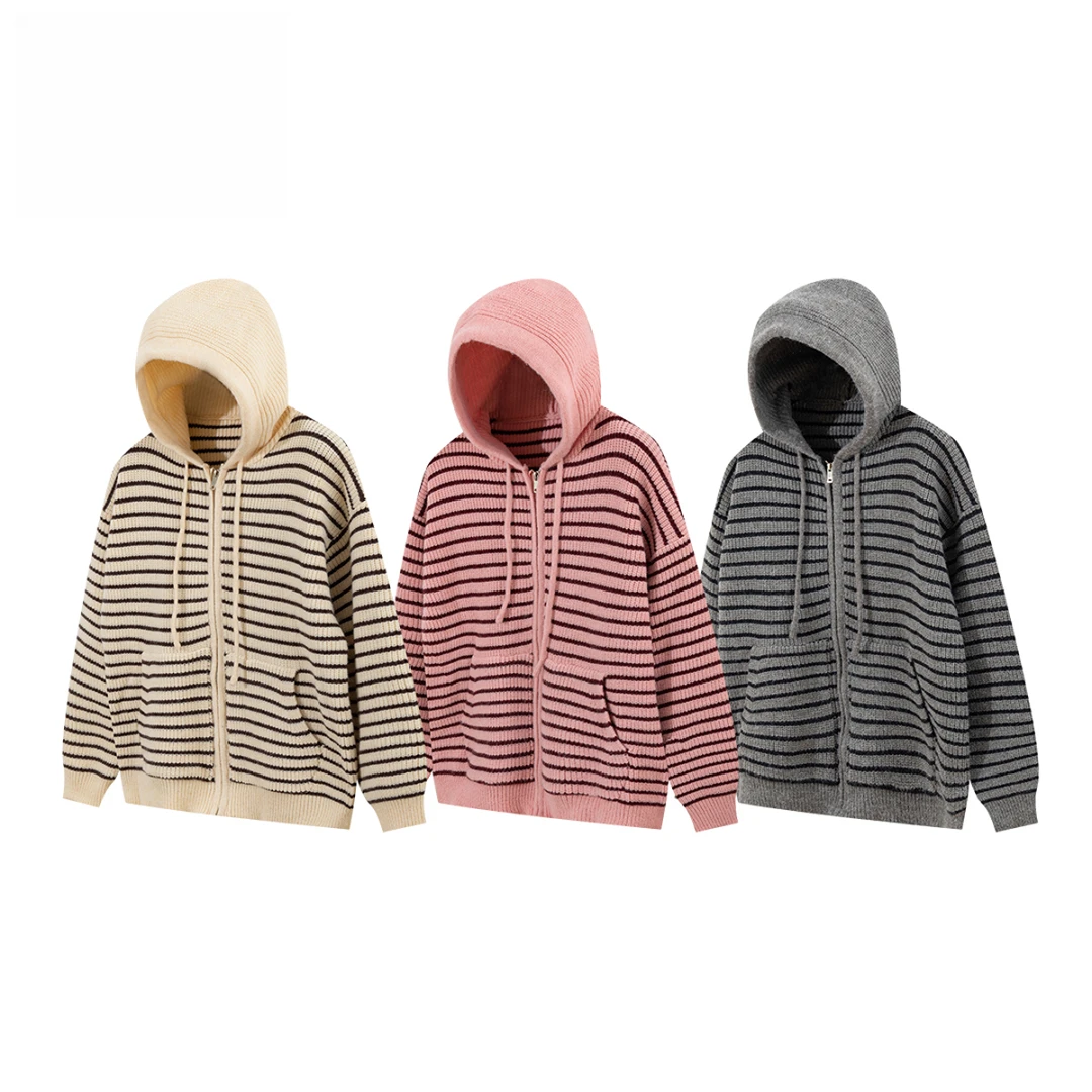 NIZHESI 秋冬新品 宽松慵懒感 男女同款条纹 连帽毛衣开衫外套