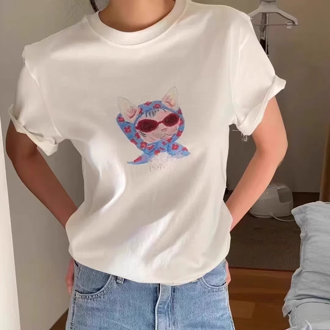 现货！韩国Lelen可爱猫猫短袖T恤女2025春卡通印花减龄半袖上衣女