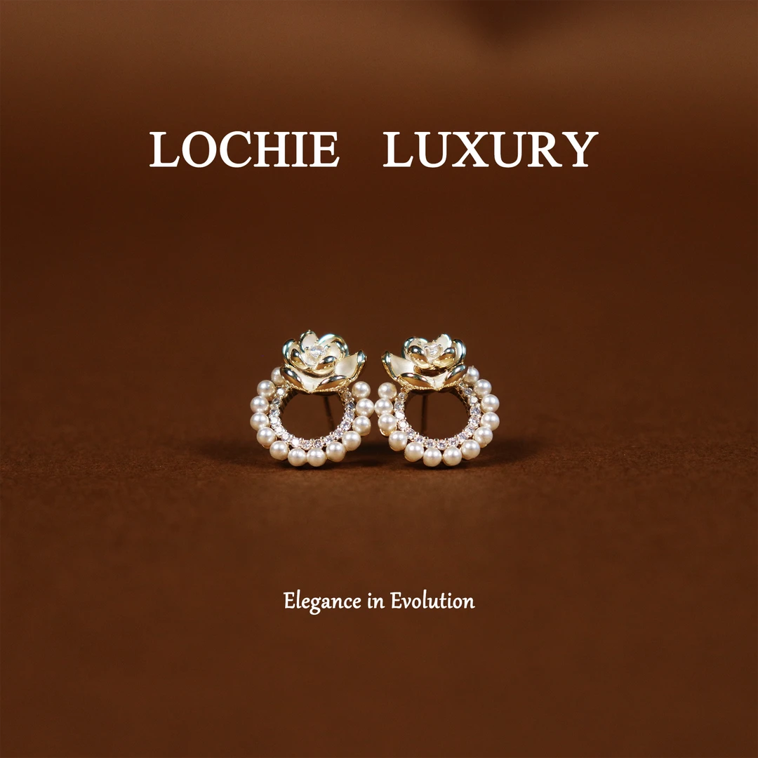 黄铜锆石耳饰 K094【山茶物语】法式经典山茶花珍珠嵌锆石耳钉