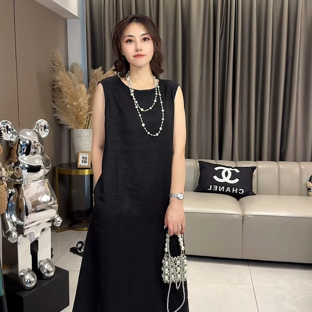 圆领A字裙夏季套头纯色连衣裙减龄无袖100亚麻显瘦气质百搭中长款