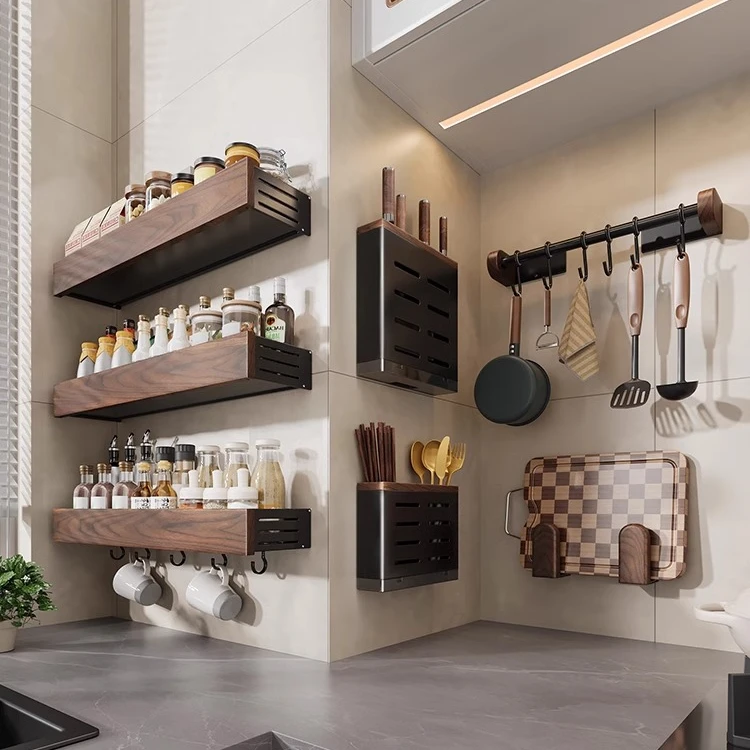 胡桃木厨房置物架壁挂刀架调味料用品免打孔锅盖架多功能收纳架子