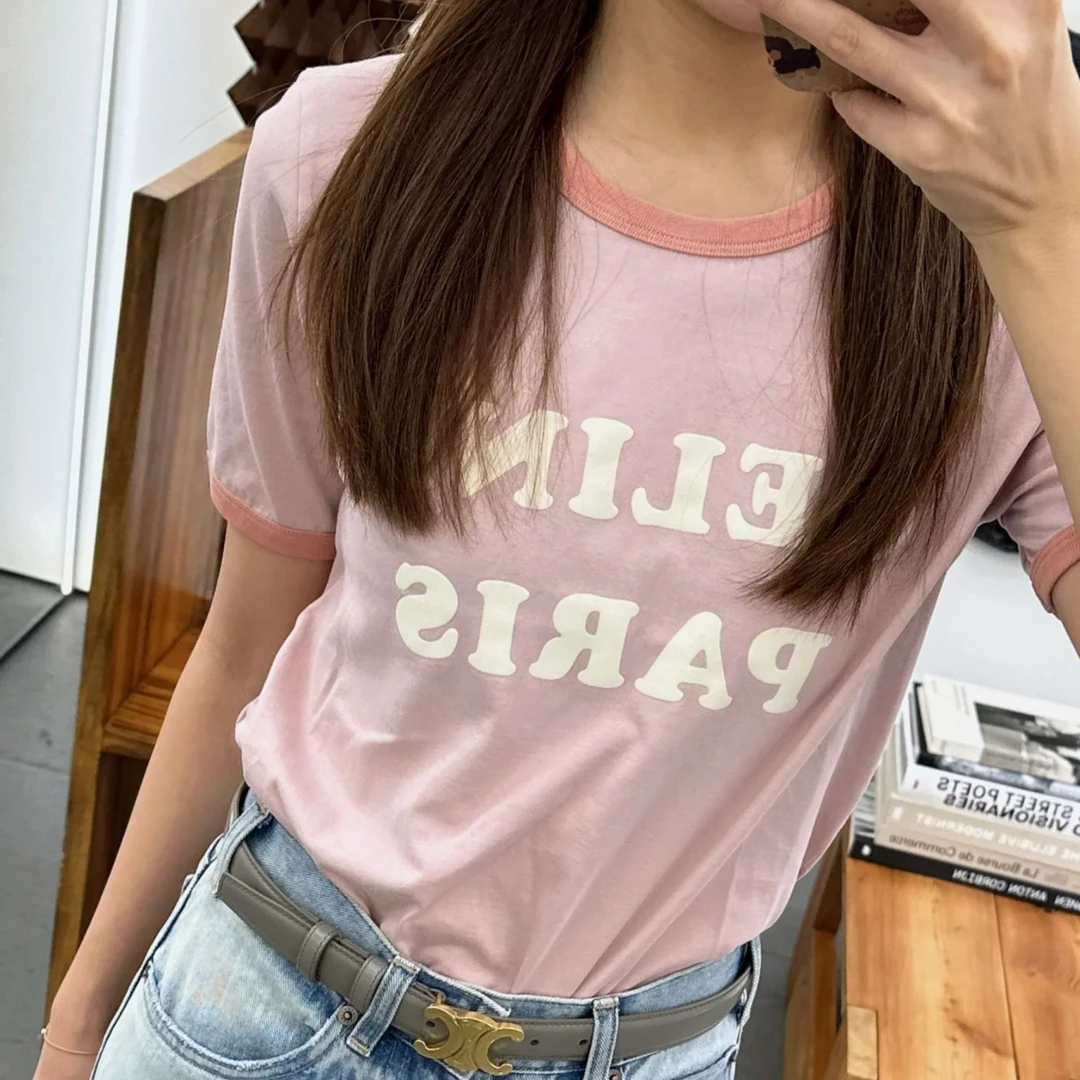全新未使用 Celine/思琳 CELINE新款樱花粉字母圆领T恤