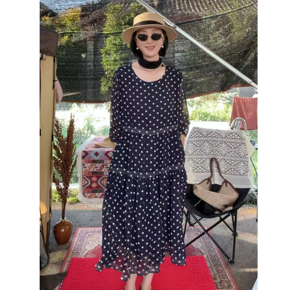 法式圆领蓝色波点连衣裙女夏季大码女装时尚洋气减龄长裙子A73565