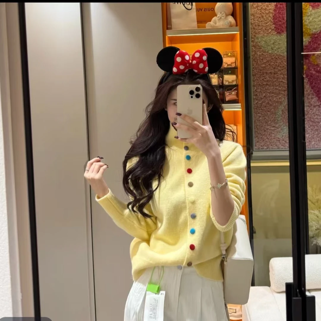 2025彩虹扣韩系慵懒风高领毛衣春季新款外穿宽松显瘦针织开衫L