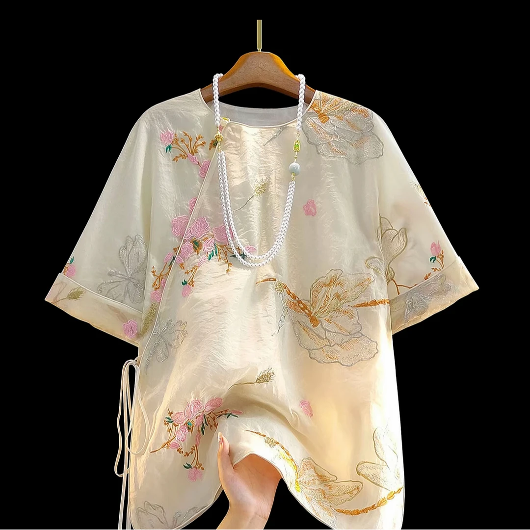 夏季圆领刺绣中式上衣女宽松新中式唐装古风禅意茶服气质上衣重工