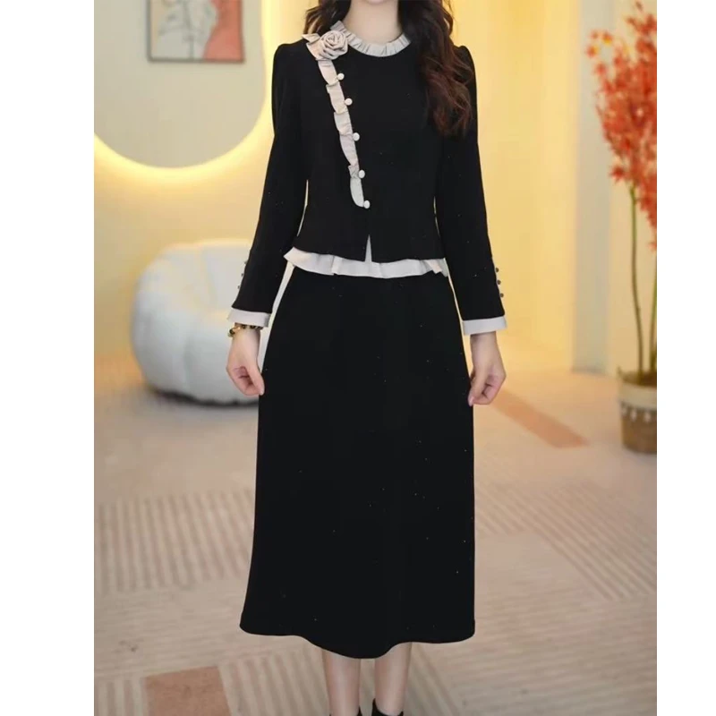 4165#加绒加厚秋冬季假两件长袖连衣裙显瘦气质洋气裙子
