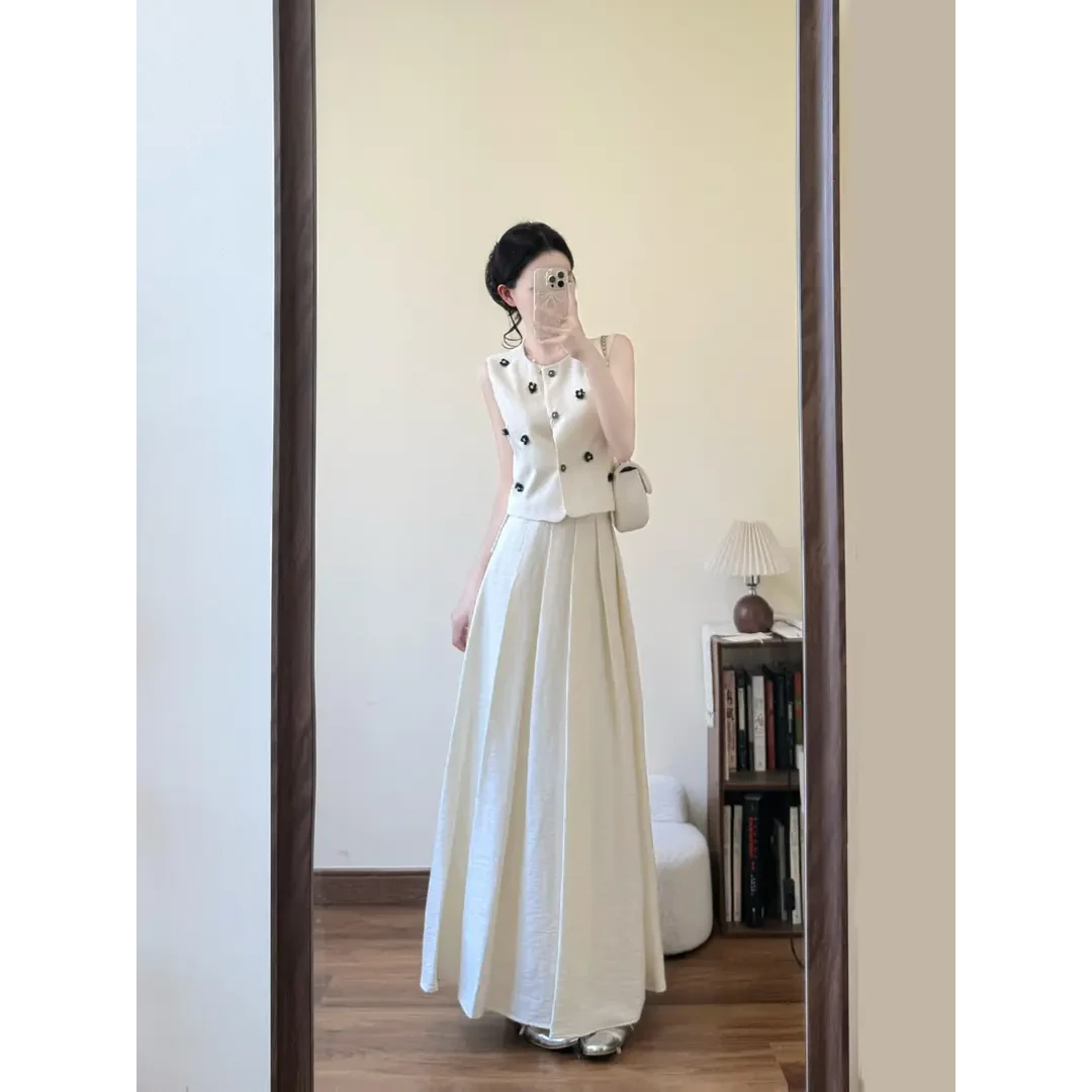 2025夏季法式气质珠花无袖上衣马甲女搭配半身裙气质小香风两件套