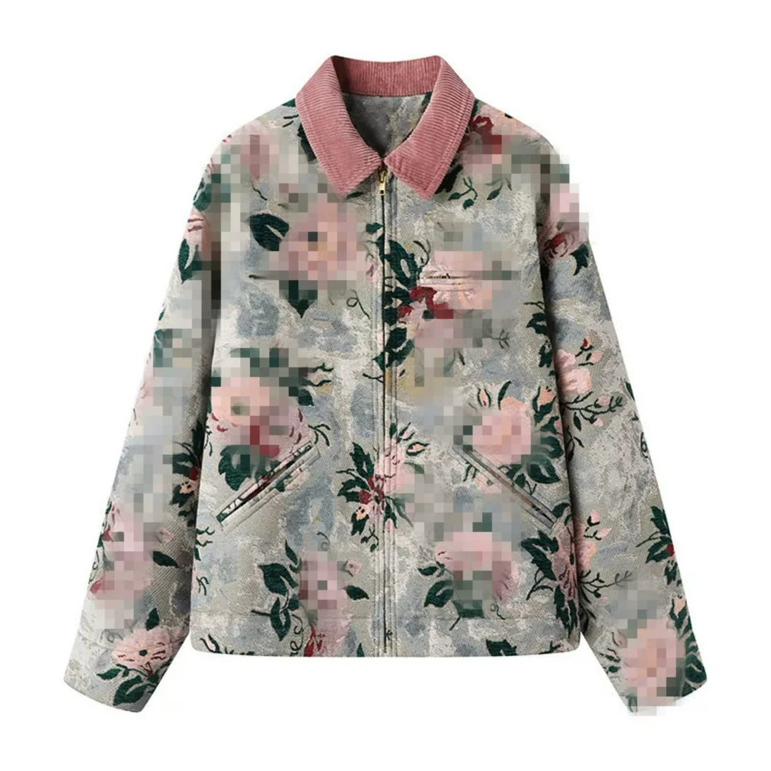 【B017】2024冬季复古拼色领棉服夹克外套女
