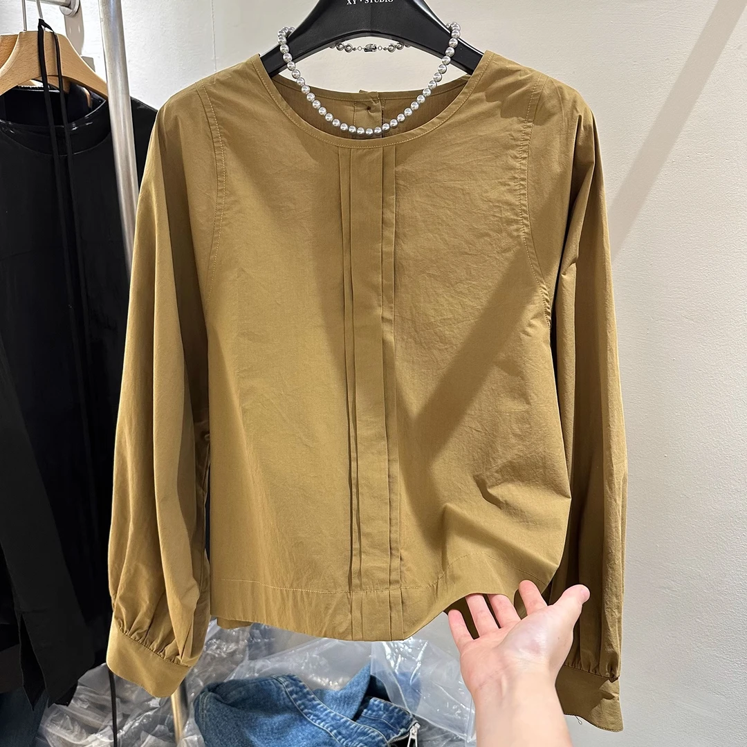 9945纯棉秋款小众别致后背纽扣长袖衬衫女简约高级感衬衣百搭上衣