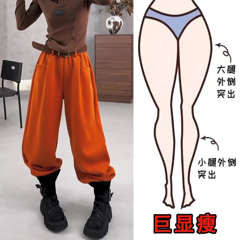 冬季新款韩系时尚加绒休闲百搭高街潮流风遮肉显瘦高腰束脚卫裤