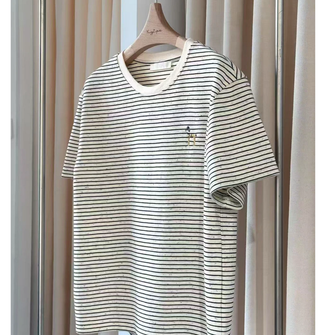 春夏经典宽松黑白条纹时尚休闲百搭圆领小狗刺绣正肩短袖t恤