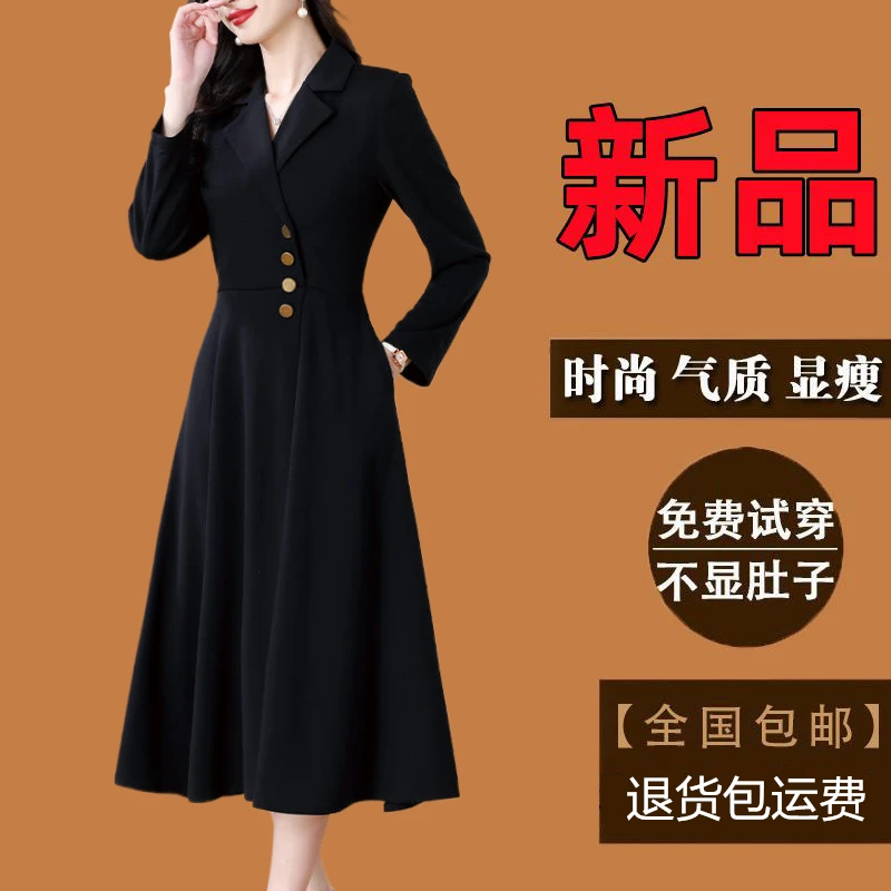 广州十三行连衣裙爆款春秋季新款长袖气质显瘦轻奢高级感黑色裙子