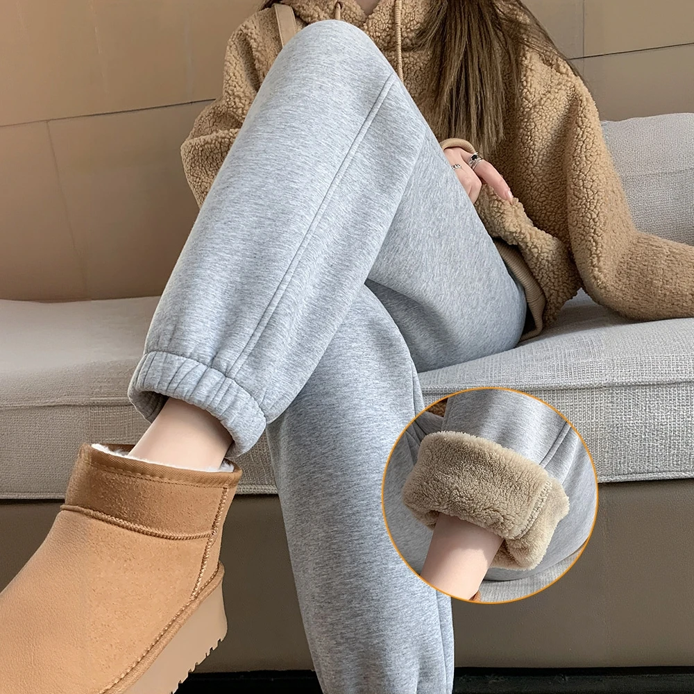 加绒运动裤女秋冬2025新款加厚灰色卫裤高腰束脚冬季羊羔绒棉裤子