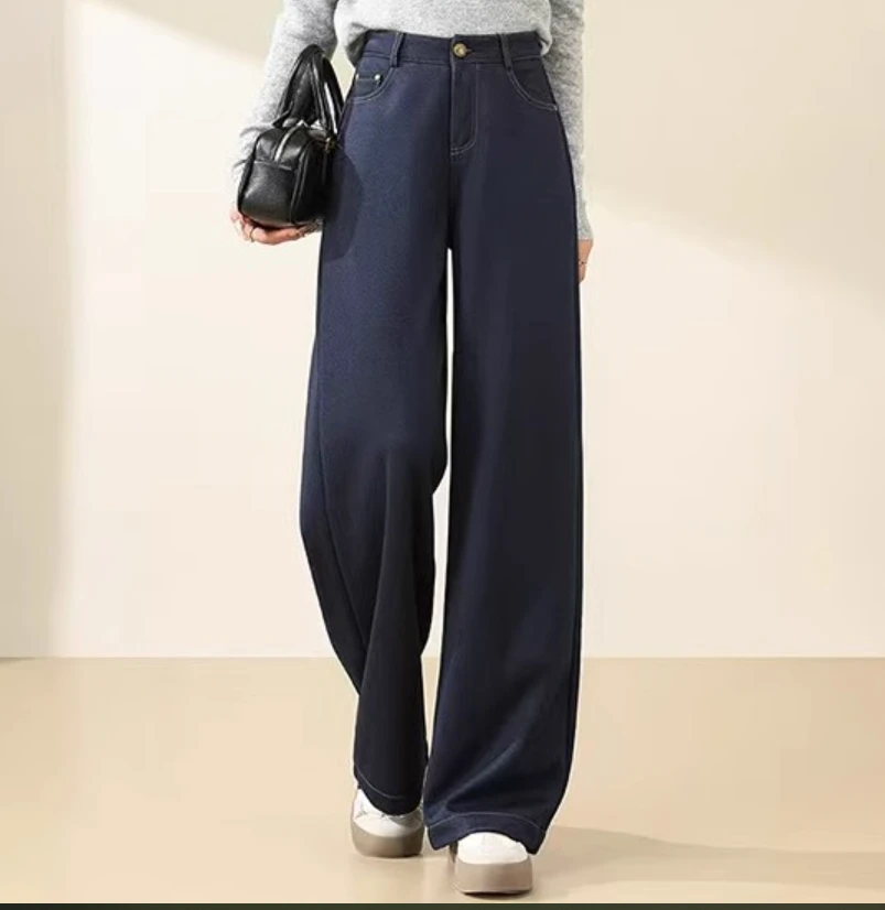 芹 新中式风 6686 显瘦显高显腿直拉绒牛仔直筒裤