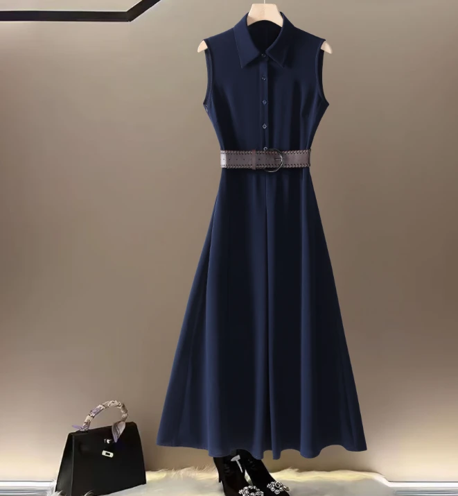 【纪朵研】866#高腰无袖夏季洋气时尚气质连衣裙轻奢显瘦衬衫领法式