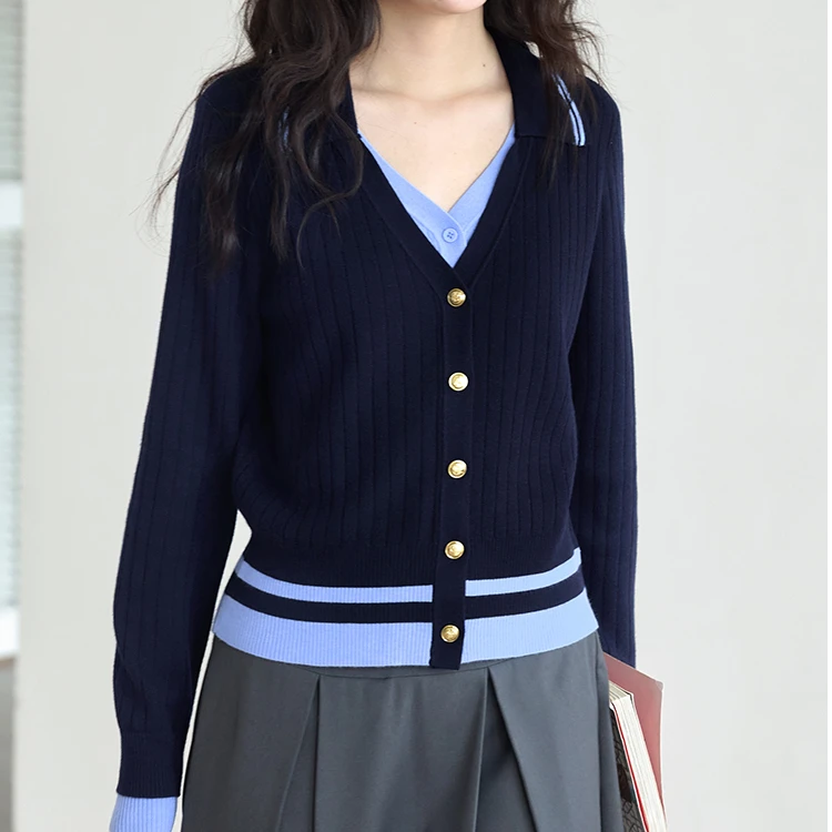 大码女装韩系学院风假两件针织开衫2025新款秋季长袖内搭V领毛衣