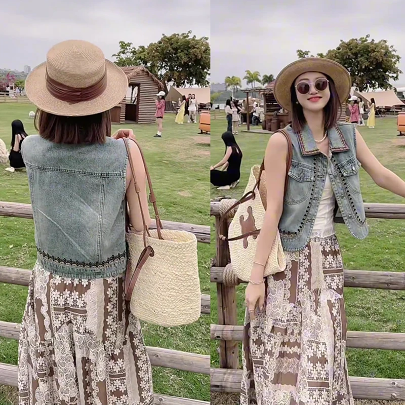 法式复古牛仔马甲外套女夏季新款民族风拼接无袖上衣牛仔两件套