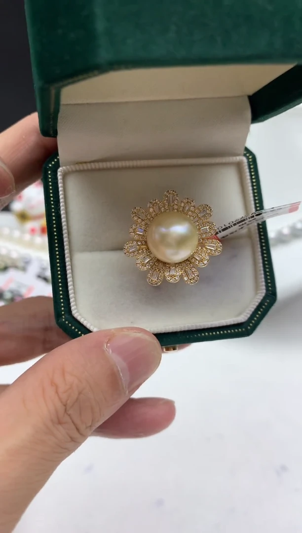 银S925镶嵌FF海水珍珠金珠戒指v016