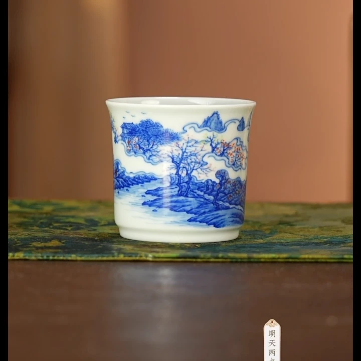 【小乔赏瓷】景德镇手工手绘青花山水直筒杯云裳guyu80.