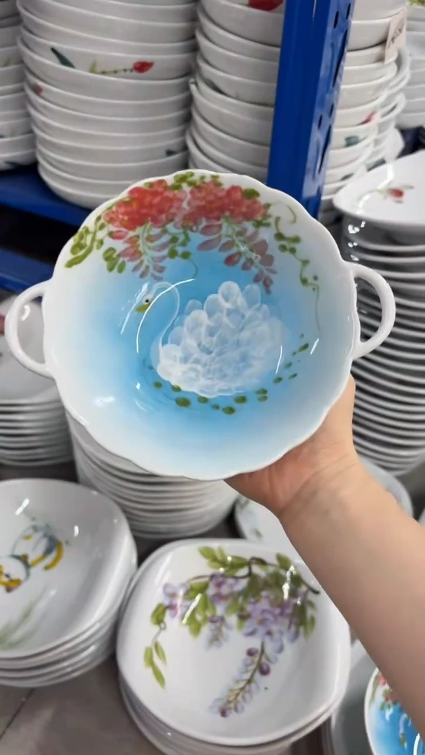 瓷片景德镇高温釉中彩-双耳花边碗天鹅