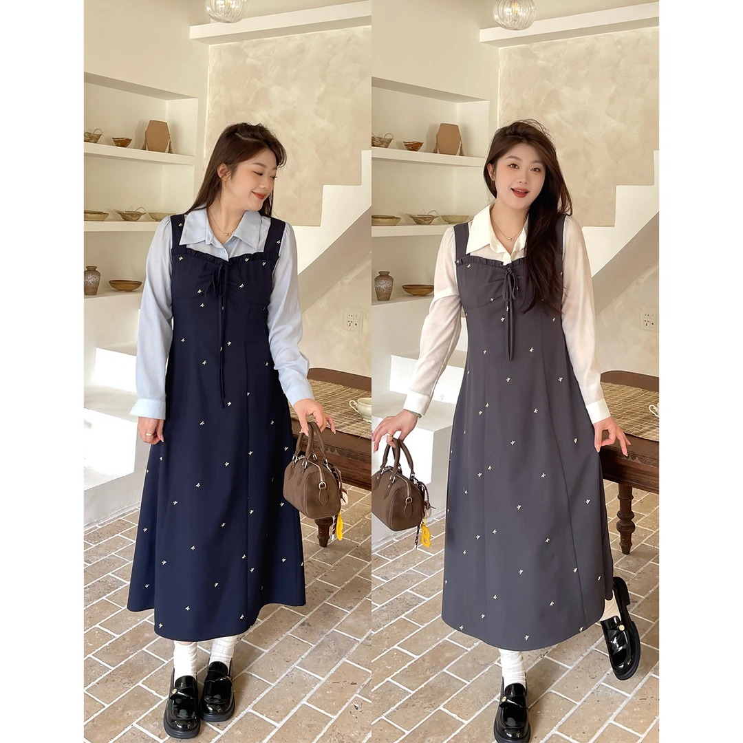 裂渡宣宣【灰调甜妹】微胖大码女秋假两件刺绣收腰连衣裙 ZY507A41