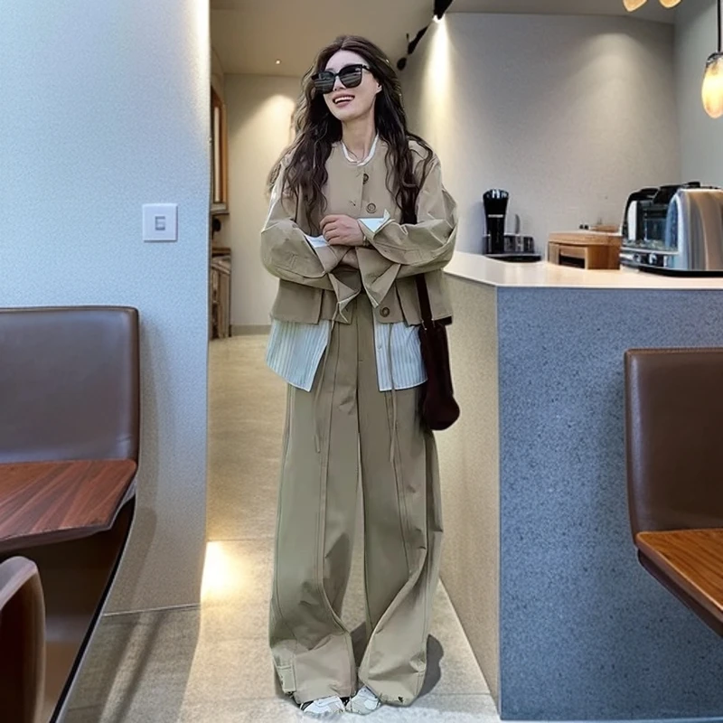 2025超火秋季大方高级感套装穿搭女巨好看卡其色外套阔腿裤两件套