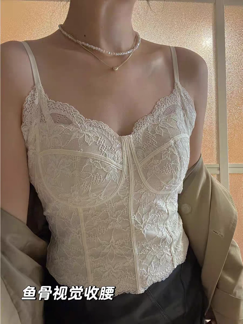性感白色鱼骨胸衣蕾丝吊带背心女带胸垫美背文胸一体内搭打底上衣